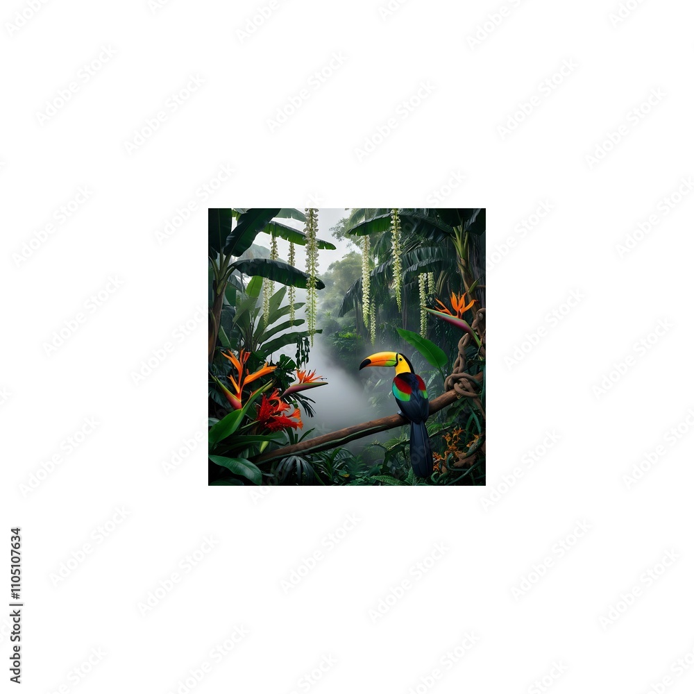 Fototapeta premium A dense tropical jungle bursting with life. Large banana leaves, hanging vines, and brightly colored flowers such as birds of paradise and red ginger fill the scene. Mist rises between the plants, giv
