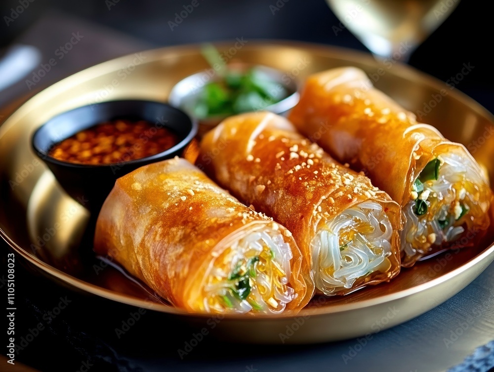 Vegan thai spring rolls delight gourmet kitchen food photography elegant setting culinary art Vegan thai spring rolls delight gourmet kitchen food photography elegant setting culinary art
