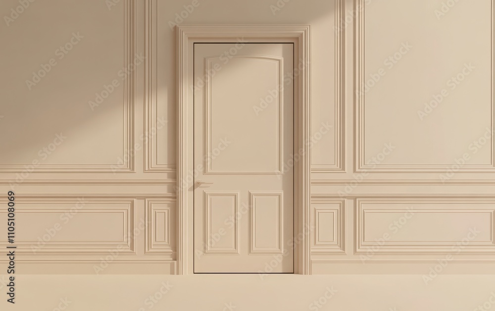 A 3D render of a simple closed door set into a wall with classic paneling, in a minimalist interior design. A 3D render of a simple closed door set into a wall with classic paneling, in a minimalist interior design.