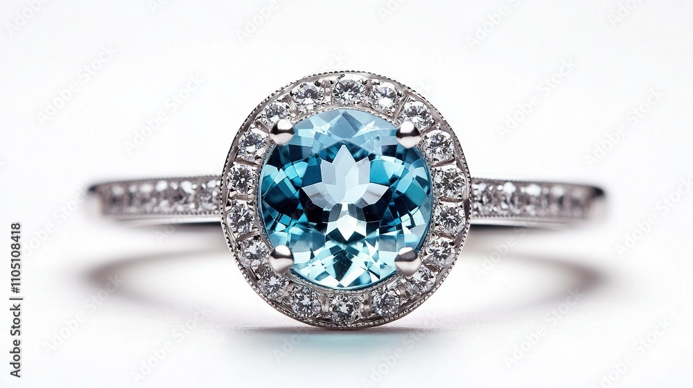 A stunning ring adorned with a serene aquamarine gemstone, framed by sparkling diamonds on a sleek white gold band. Ideal for fashion, luxury, and ocean-inspired projects. A stunning ring adorned with a serene aquamarine gemstone, framed by sparkling diamonds on a sleek white gold band. Ideal for fashion, luxury, and ocean-inspired projects.