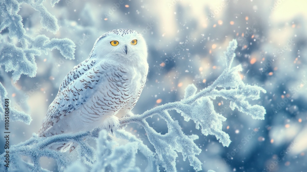 Snowy Owl: An Arctic Animal in Frosty Serenity, A snowy owl perched on a frost-covered tree branch, its piercing yellow eyes glowing against a muted winter background. Soft snowfall surrounds the scen