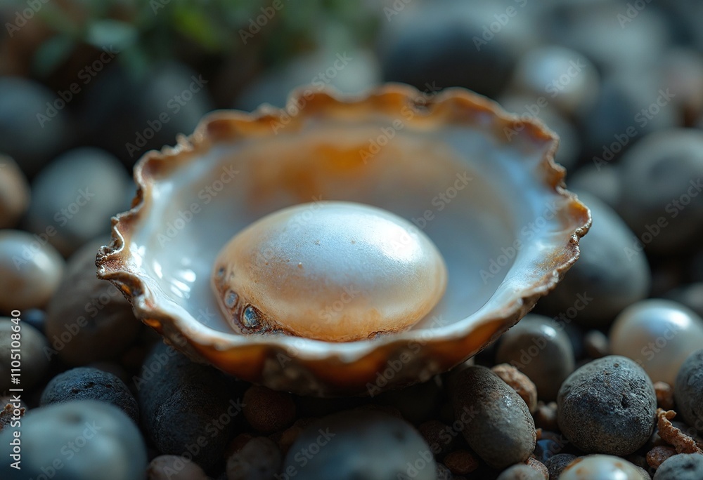 Nacreous pearl in oyster shell open on oysters heap Nacreous pearl in oyster shell open on oysters heap