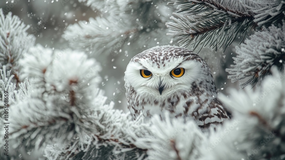 Snowy Owl Nestled in a Frosted Pine Tree, A snowy owl nestled in the crook of a frost-laden pine tree, its bright eyes glowing in the cold, diffuse light of a cloudy sky. Snowflakes fall gently, creat Snowy Owl Nestled in a Frosted Pine Tree, A snowy owl nestled in the crook of a frost-laden pine tree, its bright eyes glowing in the cold, diffuse light of a cloudy sky. Snowflakes fall gently, creat