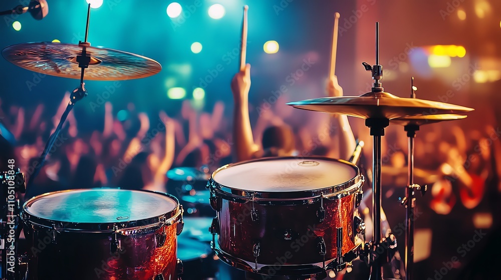 Obraz premium A drummer plays the drums on stage in front of a crowd.