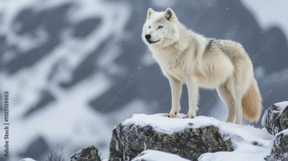 Arctic Wolf in a Frozen Landscape, A lone Arctic wolf standing confidently on a frozen ridge, snow-covered rocks and jagged peaks framing the background. The wolfs fur is textured and illuminated Arctic Wolf in a Frozen Landscape, A lone Arctic wolf standing confidently on a frozen ridge, snow-covered rocks and jagged peaks framing the background. The wolfs fur is textured and illuminated