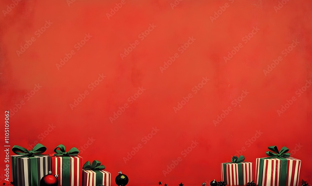 Festive red and green presents adorned with ribbons, surrounded by Christmas ornaments on a vibrant red backdrop, conveying a joyful holiday spirit,
Festive red and green presents adorned with ribbons, surrounded by Christmas ornaments on a vibrant red backdrop, conveying a joyful holiday spirit,