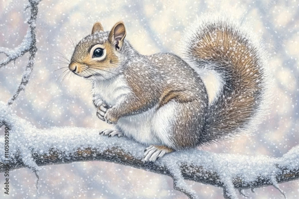 Obraz premium a fluffy squirrel perched on snow-covered branches