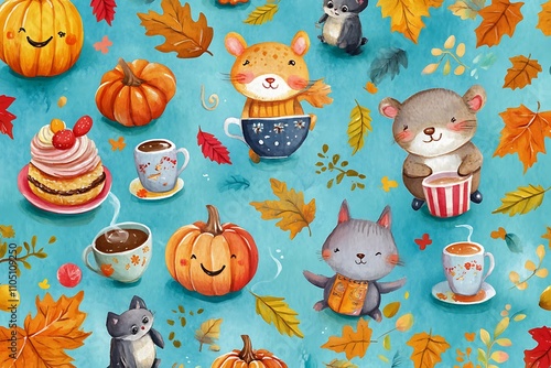 Halloween seamless pattern. on pink background. Watercolor hand drawn illustrations for kids. Cute cartoon character, ghost, pumpkin, bat, cat, lantern.
