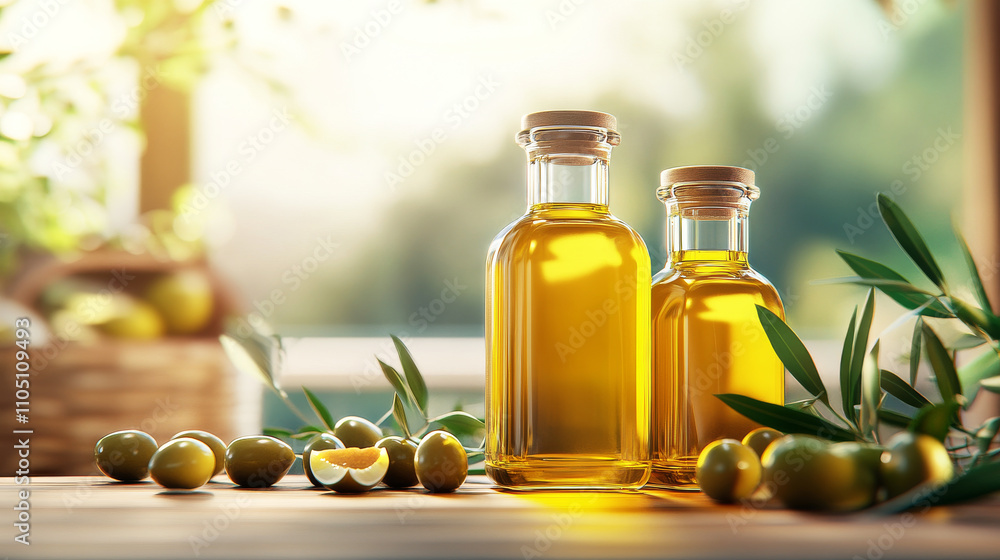 Golden Olive Oil Bottles: sunlit harvest scene with two glass bottles of extra virgin olive oil, surrounded by fresh olives and olive branches on a rustic wooden table. Evokes feelings of freshness. Golden Olive Oil Bottles: sunlit harvest scene with two glass bottles of extra virgin olive oil, surrounded by fresh olives and olive branches on a rustic wooden table. Evokes feelings of freshness.