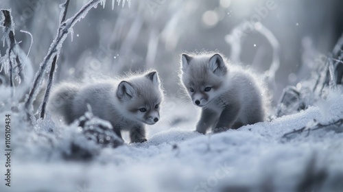 Arctic Fox Cubs Playing in a Frozen Meadow, A pair of Arctic fox cubs playing in a frost-covered meadow, surrounded by patches of untouched snow. The cubs fur is fluffy and highlighted 