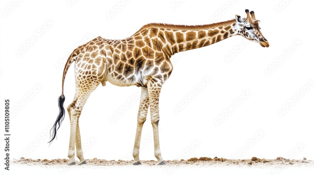 Fototapeta premium A Giraffe Stands on Sandy Ground Against A White Background