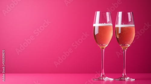 Two champagne glasses with pink sparkling wine on a pink background with copy space. Celebration and festive theme