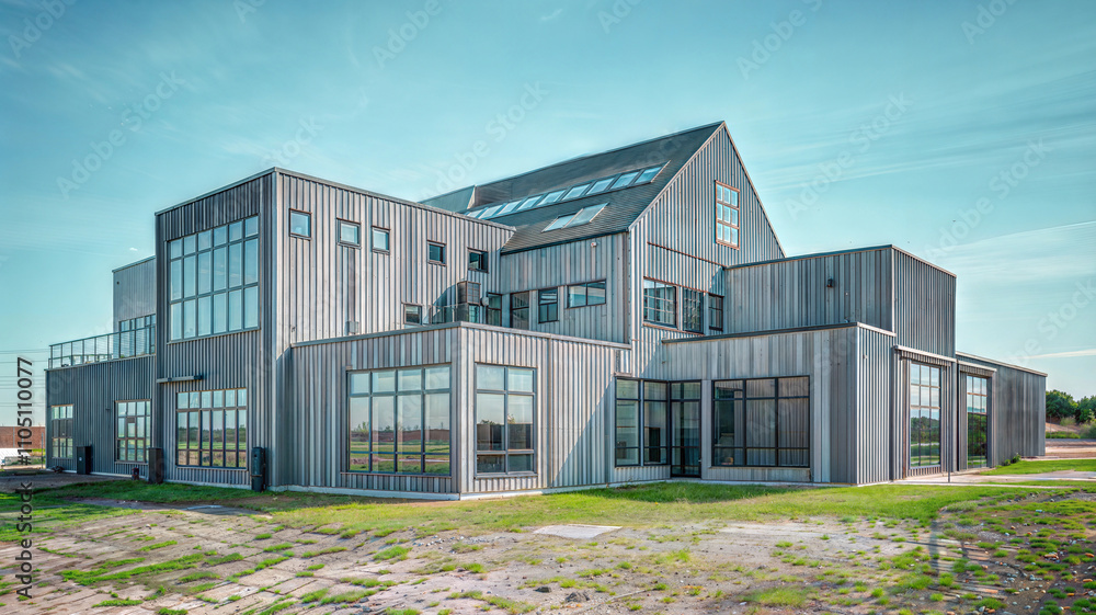 Modern bungalow building exterior with a geometric design, large glass windows, and wood paneling in an open outdoor setting. Concept for contemporary architecture and sustainable design. Modern bungalow building exterior with a geometric design, large glass windows, and wood paneling in an open outdoor setting. Concept for contemporary architecture and sustainable design.