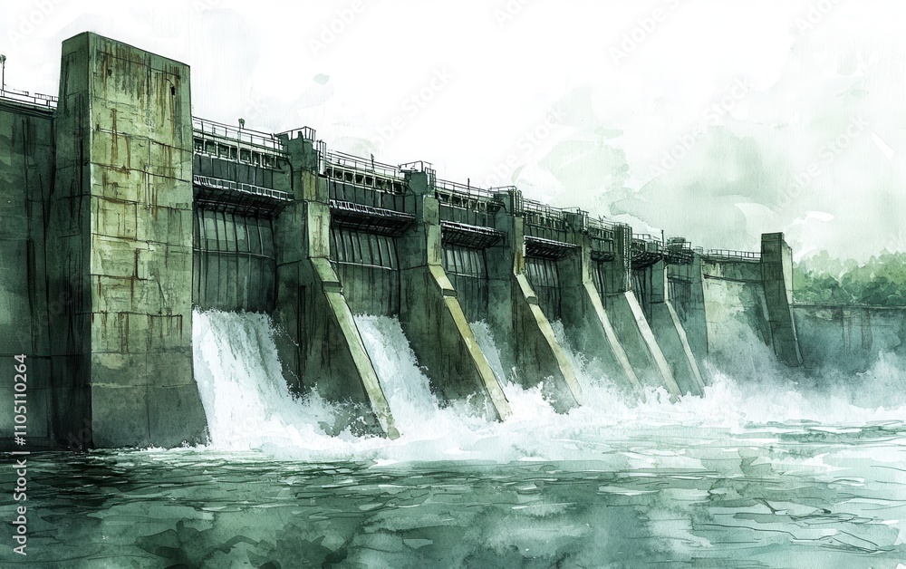 A high-resolution watercolor painting of an industrial dam in green and gray tones, with visible brush strokes creating a dynamic, textured effect. A high-resolution watercolor painting of an industrial dam in green and gray tones, with visible brush strokes creating a dynamic, textured effect.