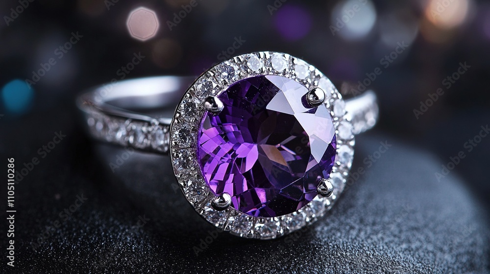 A captivating ring featuring a rich purple amethyst, encircled by glittering diamonds on a delicately crafted silver band. Perfect for luxury, fashion, and gemstone-focused projects. A captivating ring featuring a rich purple amethyst, encircled by glittering diamonds on a delicately crafted silver band. Perfect for luxury, fashion, and gemstone-focused projects.