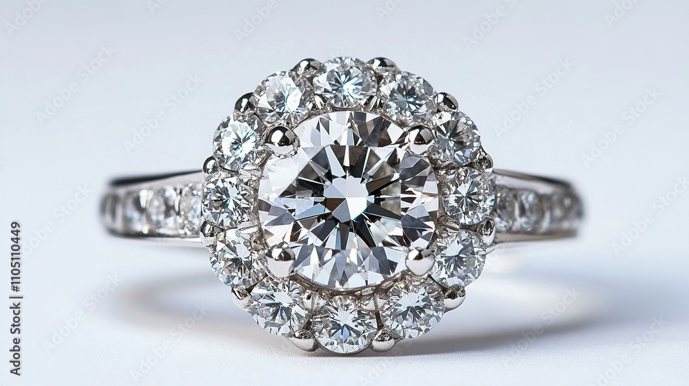 A breathtaking ring featuring a brilliant-cut diamond at its center, surrounded by shimmering diamond accents on an elegant platinum band. Perfect for jewelry, fashion, and luxury projects A breathtaking ring featuring a brilliant-cut diamond at its center, surrounded by shimmering diamond accents on an elegant platinum band. Perfect for jewelry, fashion, and luxury projects