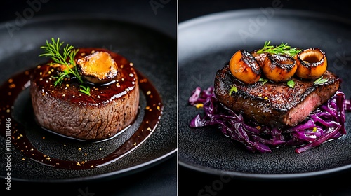 Two gourmet steaks, one with foie gras, the other with roasted apples and red cabbage. photo