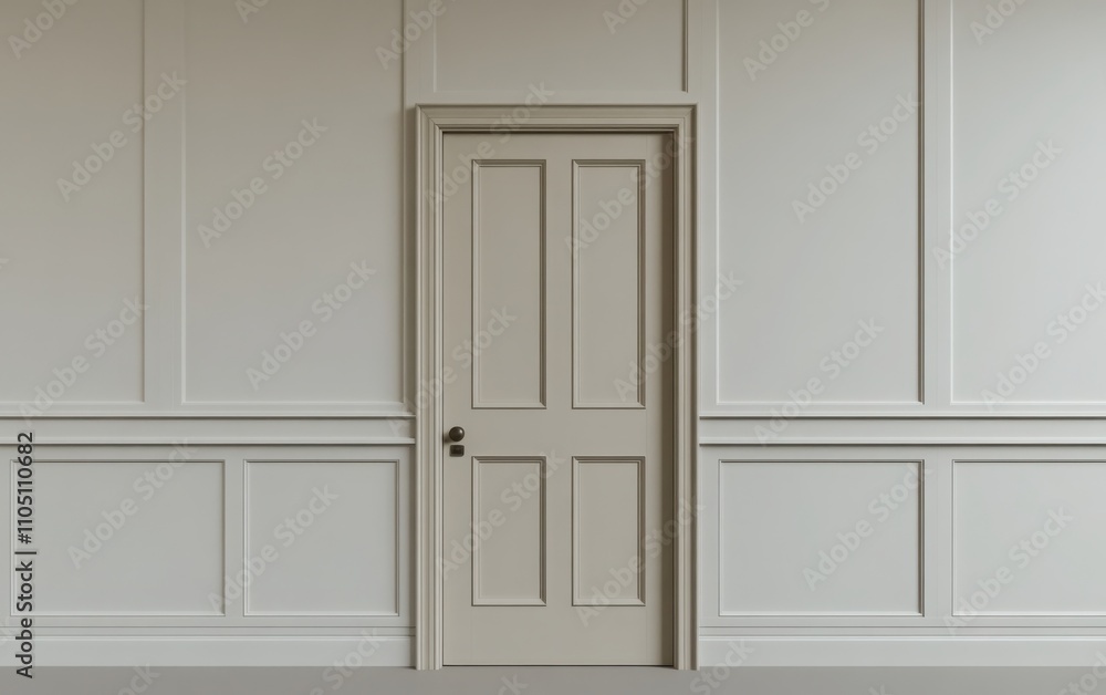 A photorealistic 3D render of a closed door integrated into a wall with classic paneling, featuring a beige color scheme. A photorealistic 3D render of a closed door integrated into a wall with classic paneling, featuring a beige color scheme.