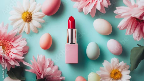Fototapeta Easter Background with Vibrant Red Lipstick, Pastel-Colored Eggs, and Fresh Daisies on Soft Blue Surface Symbolizing Spring Beauty and Festivity