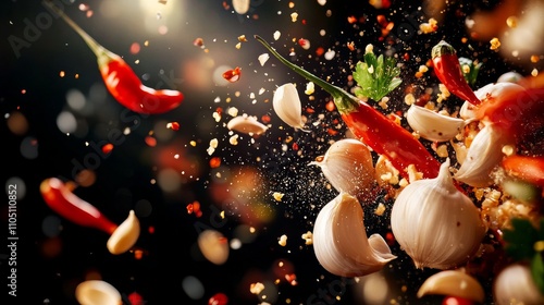 Spice Explosion: A vibrant and dynamic explosion of garlic, chili peppers, and spices against a black background, capturing the essence of culinary excitement and flavor.   photo