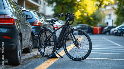 A black electric bike is parked next to a row of cars.