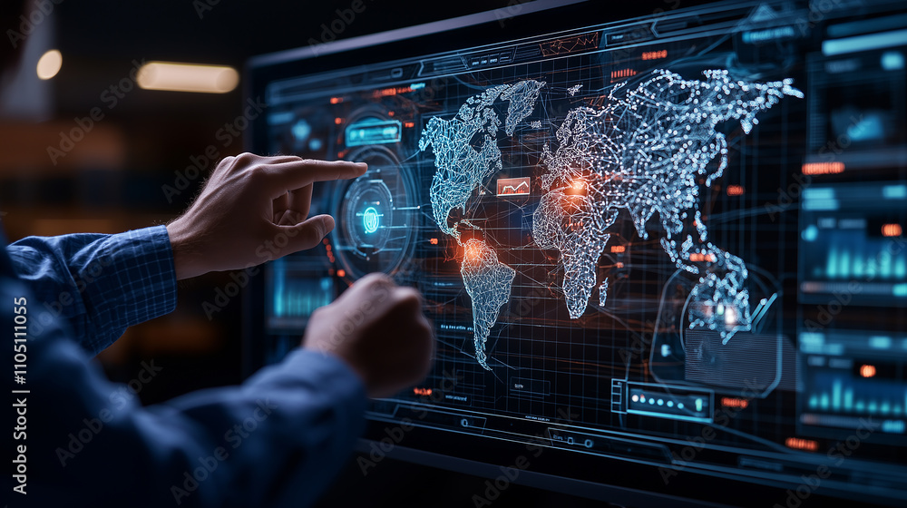 Fototapeta premium Digital world map with data visualization and analytics interface