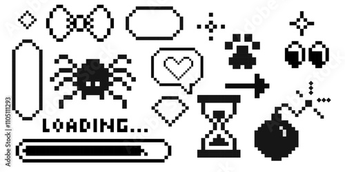 Pixxel y2k trendy elements. 8 bit groovy stickers, borders, decorations. Sandglaa, smile on face, cute paw, geometric shapes pixel art. Emoji retro