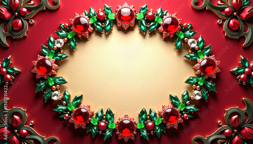 Background with a Wreath Frame of Rubies and Emeralds Surrounding a Pale Gold Center, Royal and Festive Background with a Wreath Frame of Rubies and Emeralds Surrounding a Pale Gold Center, Royal and Festive