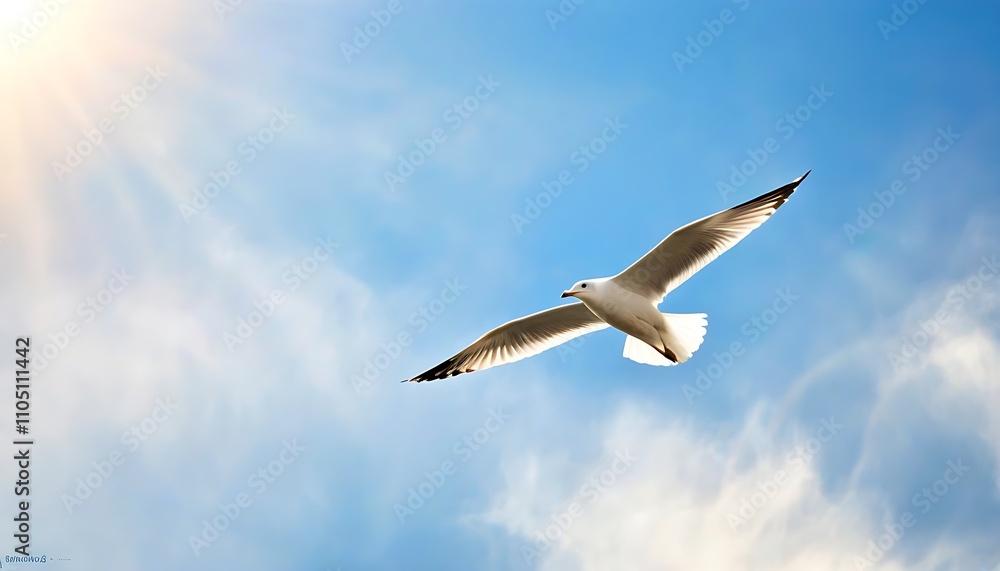 Fototapeta premium Elegant seagull soaring against a high-definition blue sky backdrop