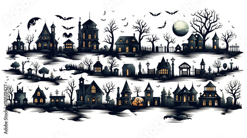 A collection of spooky Halloween icons featuring a tombstone, haunted house, and spider. Perfect for creating festive and scary designs, isolated on transparent background.