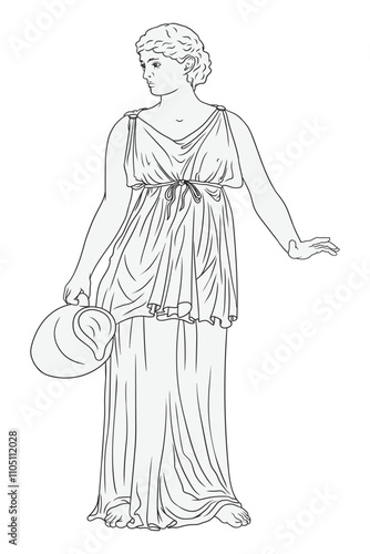 Ancient Greek woman standing and holding a jug of wine and water in her hand. Figure isolated on black background