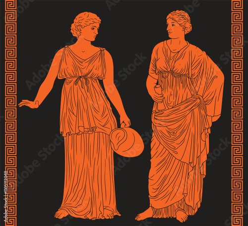 Two ancient Greek women in tunics are sitting on chairs and talking.
