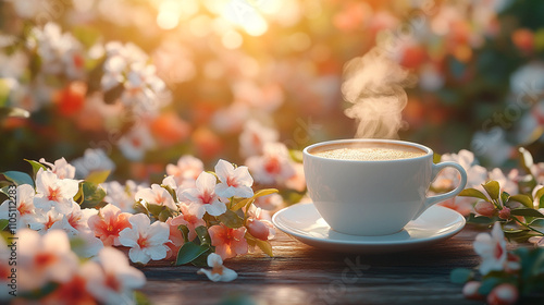 cup of herbal detox tea with Floral soft natural green background