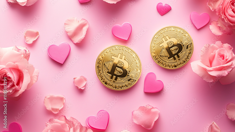 Valentine’s Day Concept with Bitcoin Symbol on Pink Floral Background ...