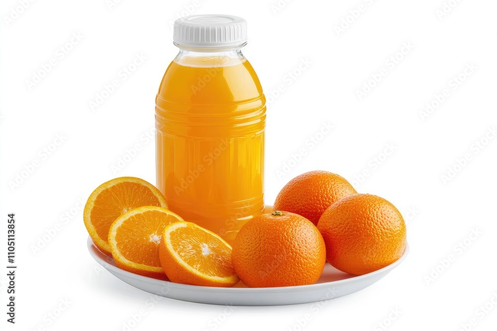 Orange Juice Bottle with Fresh Oranges and Slices Orange Juice Bottle with Fresh Oranges and Slices