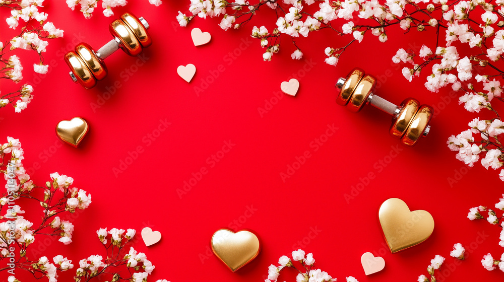 Valentine’s Day Fitness Concept with Golden Dumbbells Surrounded by Heart Confetti on Red Background with Copy Space, Perfect for Health and Romance Themes Valentine’s Day Fitness Concept with Golden Dumbbells Surrounded by Heart Confetti on Red Background with Copy Space, Perfect for Health and Romance Themes
