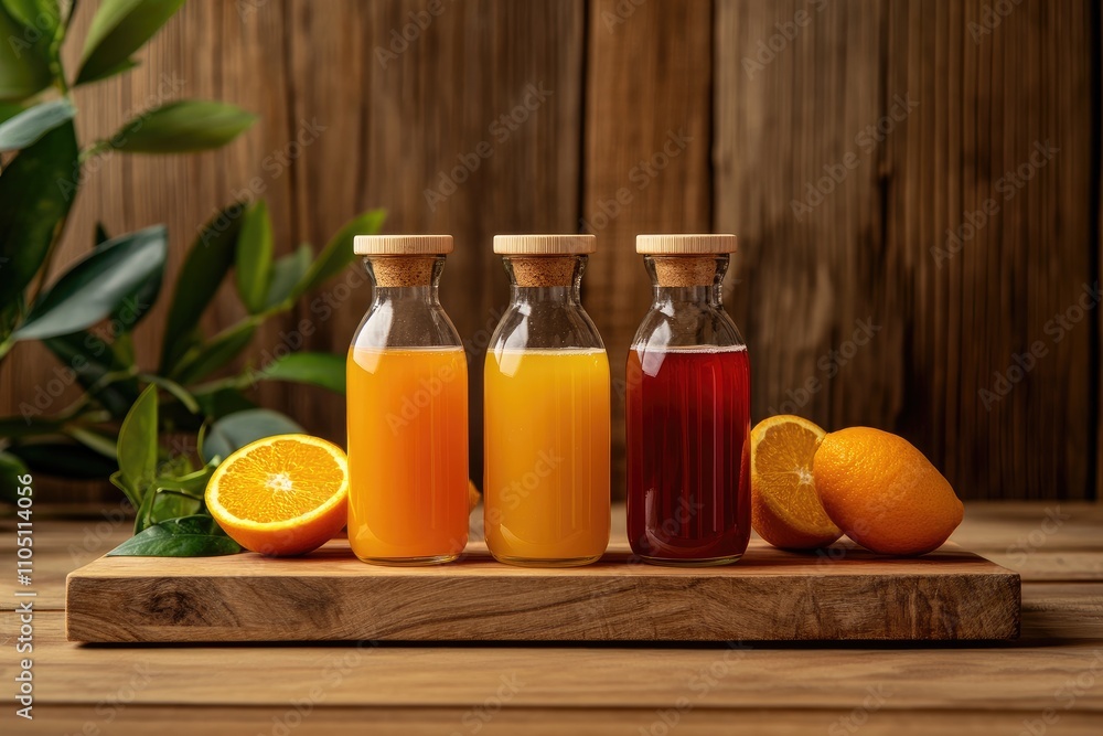 Three Glass Bottles Of Juice With Oranges On Wood Three Glass Bottles Of Juice With Oranges On Wood
