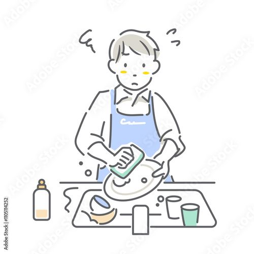 食器を洗う若い男性　育児休暇取得　シンプルでお洒落な線画イラスト