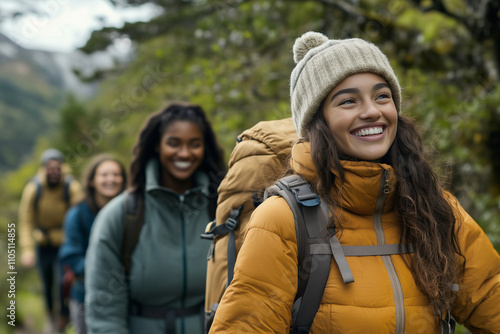 group of people are hiking in the woods, with one woman wearing a yellow jacket and a white hat