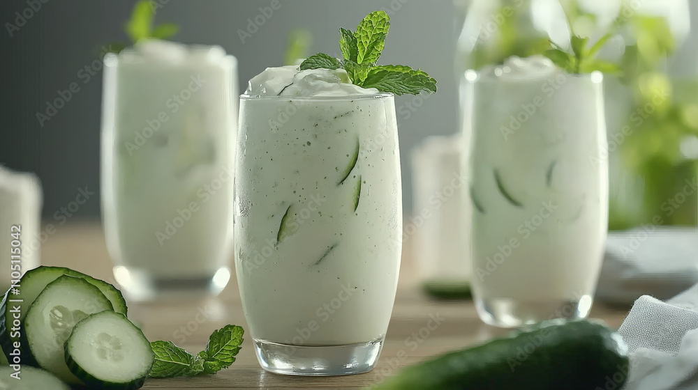 Refreshing cucumber mint smoothie in glass with creamy texture, garnished with mint leaves, surrounded by fresh cucumber slices and blurred background. Perfect for healthy, cooling drink Refreshing cucumber mint smoothie in glass with creamy texture, garnished with mint leaves, surrounded by fresh cucumber slices and blurred background. Perfect for healthy, cooling drink