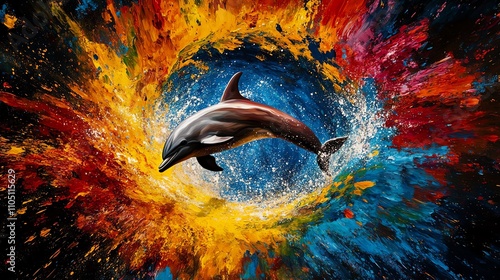 Colorful dolphin artwork with vibrant splashes and energetic background. photo