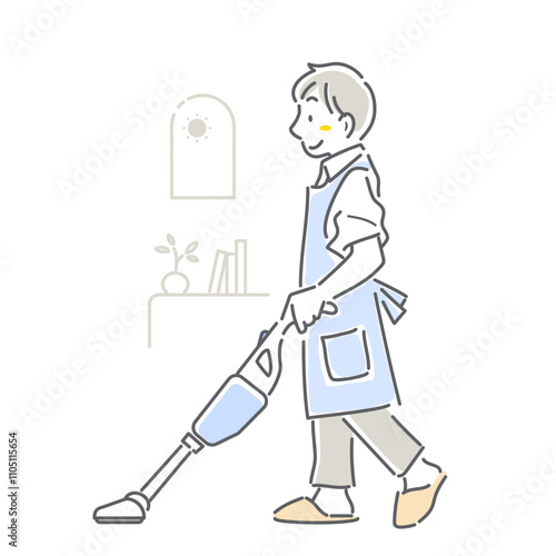 家事・育児をする若い男性　育児休暇取得　シンプルでお洒落な線画イラスト