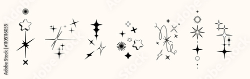 Y2k style Twinkle star figures, tattoo bling shapes. Magical sparkle flash, shiny shine. The fireworks flicker, blink, the figures sparkle and glow.