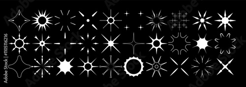 Y2k korean style star shapes. Fireworks icon set. Magical sparkle flash, shiny shine. The fireworks flicker, blink, the figures sparkle and glow.
