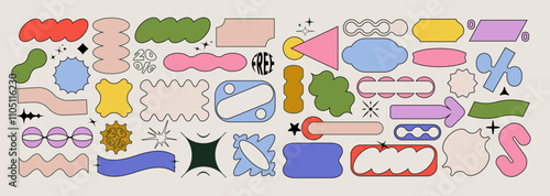 Price tags and Sale sticker geometry shapes in y2k  korean style. Coupon and label brutalism aesthetic vector elements. Minimal Frame Patch.  90s cartoon style.       
