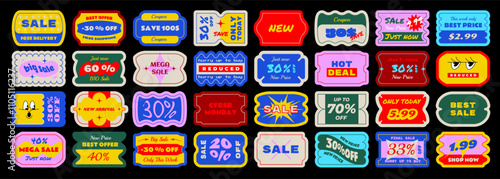Big set of price tag and sale stickers. Label coupon in brutalism and modern y2k style. Sale promotion labels, black friday, 11.11.11, cyber monday. Perfect for retail marketing and special offers