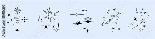 Y2k style Twinkle star figures, tattoo bling shapes. Magical sparkle flash, shiny shine. The fireworks flicker, blink, the figures sparkle and glow.