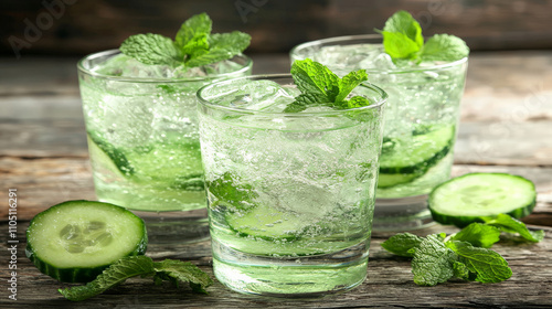 Three refreshing glasses of cucumber mint cocktail with ice and mint leaves on rustic wooden table. vibrant green color and fresh ingredients create cooling and invigorating drink