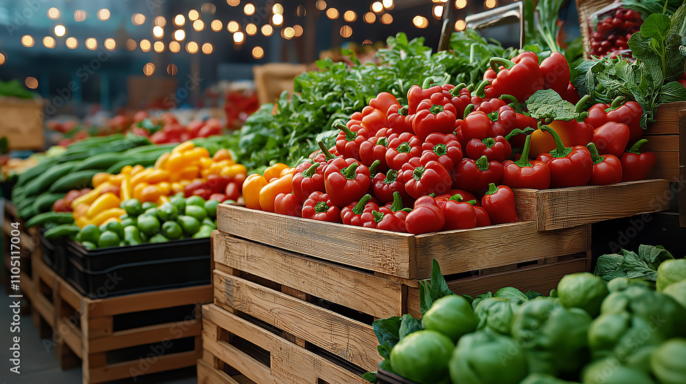 Fresh vegetables in wooden crates at vibrant market Fresh vegetables in wooden crates at vibrant market
