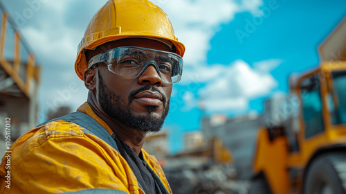 Black male construction worker wearing safety gear at outdoor building site, midday